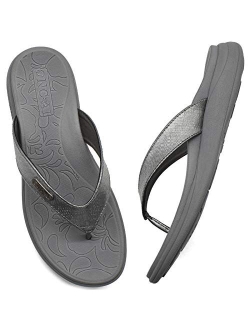 ONCAI Womens Flip Flops,Summer Beach Leather Strap Comfortable Arch Support Thong Sandals with Orthotic Plantar Fasciitis Yoga Foam Rubber Soles Size 5-12