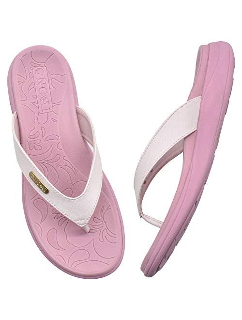 ONCAI Womens Flip Flops,Summer Beach Leather Strap Comfortable Arch Support Thong Sandals with Orthotic Plantar Fasciitis Yoga Foam Rubber Soles Size 5-12