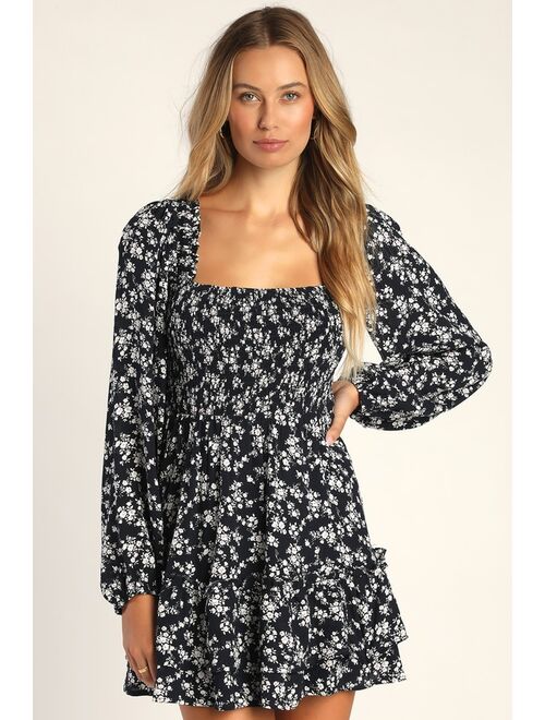 Lulus Delightful Dreams Navy Floral Smocked Balloon Sleeve Mini Dress