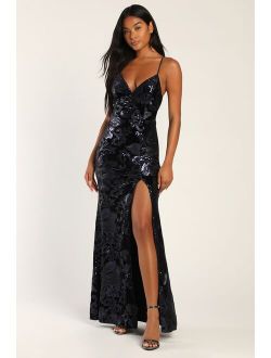 Alluring Romance Navy Blue Sequin Velvet Mermaid Maxi Dress