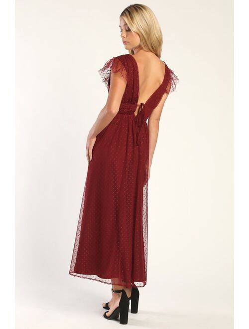 Lulus Yours Evermore Burgundy Swiss Dot Ruffled Midi Dress