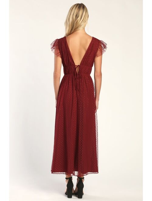 Lulus Yours Evermore Burgundy Swiss Dot Ruffled Midi Dress