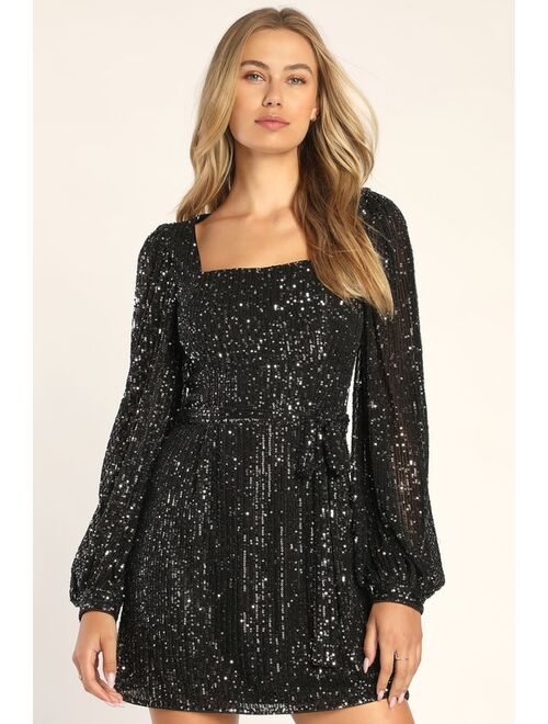 Lulus Festive Mood Black Sequin Long Sleeve Mini Dress