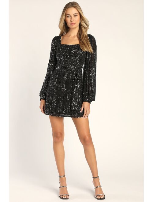 Lulus Festive Mood Black Sequin Long Sleeve Mini Dress