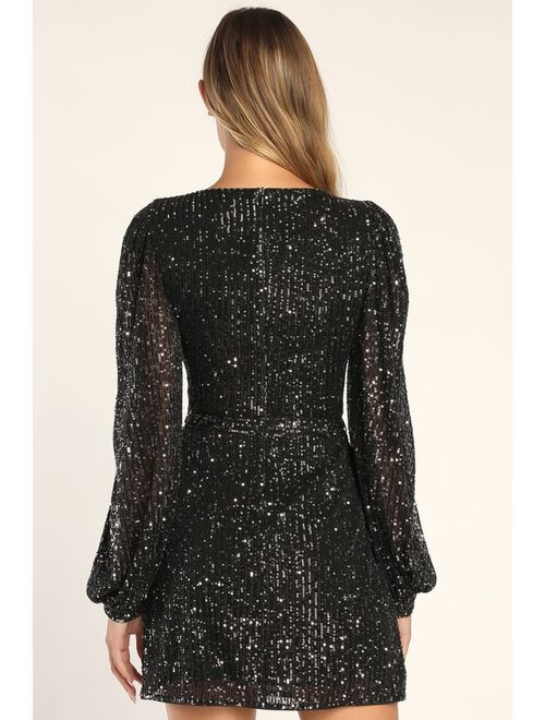 Lulus Festive Mood Black Sequin Long Sleeve Mini Dress