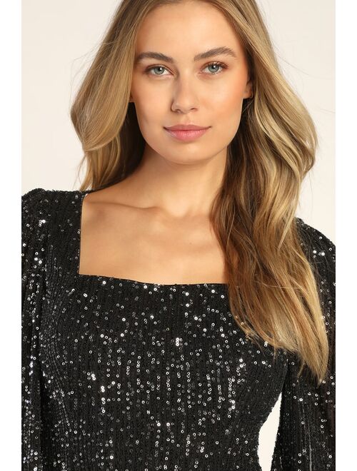 Lulus Festive Mood Black Sequin Long Sleeve Mini Dress