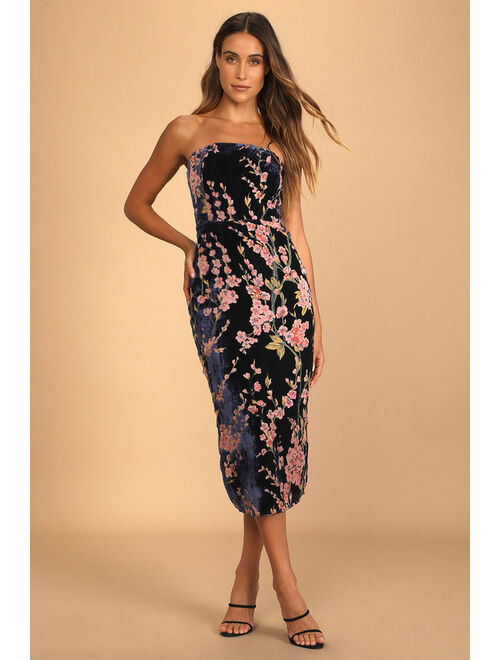 Lulus Buy You Flowers Purple Floral Print Velvet Strapless Midi Dress