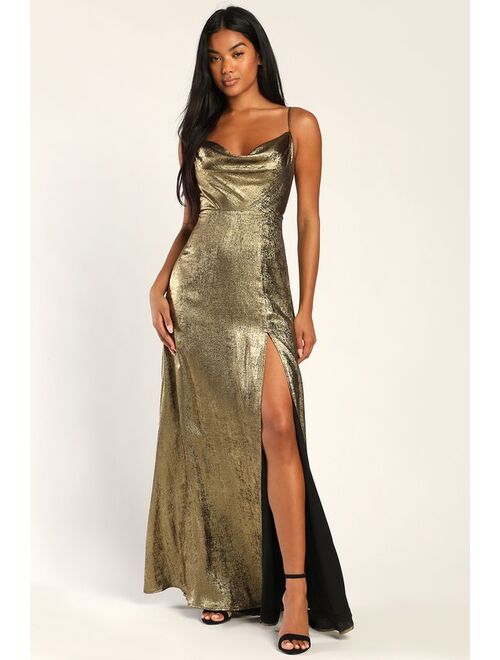 Lulus Shining Just For You Gold Metallic Cowl Neck Maxi Dress