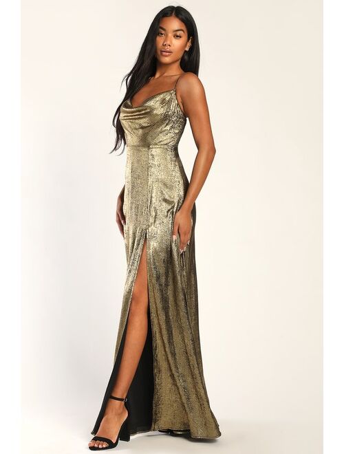 Lulus Shining Just For You Gold Metallic Cowl Neck Maxi Dress