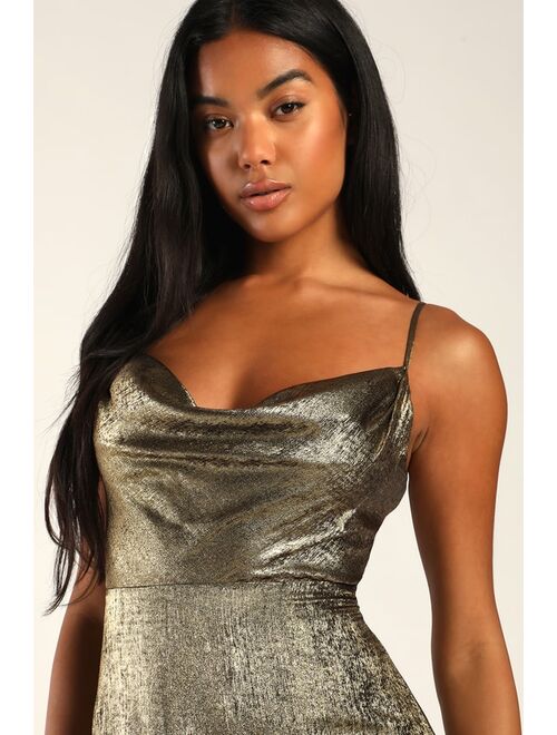 Lulus Shining Just For You Gold Metallic Cowl Neck Maxi Dress