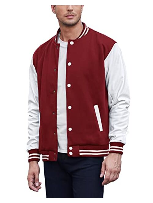 COOFANDY Men Fashion Varsity Jackets Leather Sleeve Slim Fit College Baseball Letterman Bomber Coat