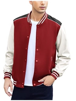 Mens Varsity Jacket Casual Leather Sleeve Baseball Letterman Bomber Jacket Coat