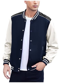 Mens Varsity Jacket Casual Leather Sleeve Baseball Letterman Bomber Jacket Coat