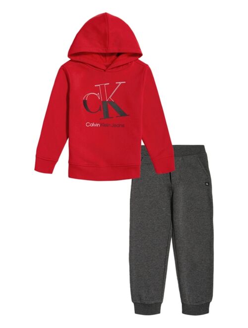 CALVIN KLEIN Little Boys Fleece Half-Full Monogram Hoodie and Joggers, 2 Piece Set