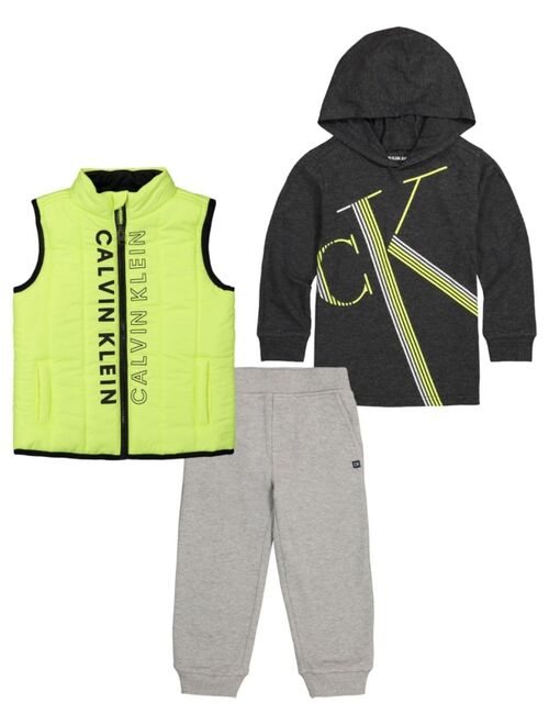 CALVIN KLEIN Little Boys Quilted Vest, Hooded Logo T-shirt and Fleece Joggers, 3 Piece Set