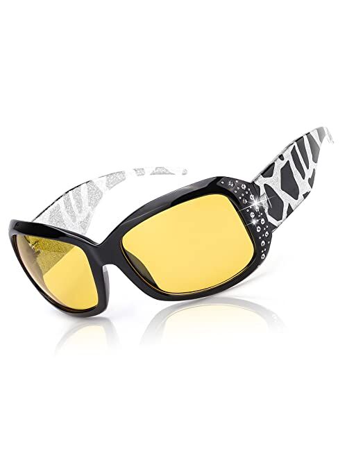 LVIOE Night-Vision Driving Glasses Wrap Around Anti Glare with Polarized Yellow Lens for Women