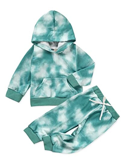 Grnshts Toddler Baby Boy Tie Dye Pants Set Hoodie Pocket Top Long Pants 2PCS Fall Winter Outfits Clothes