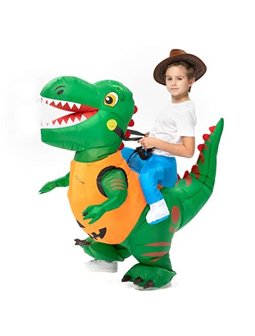 Lumiparty Halloween Inflatable Dinosaur Costume for Kids Green Riding T Rex Air Blow up Costume Funny Fancy Dress Party Halloween Costume for Boys Girls