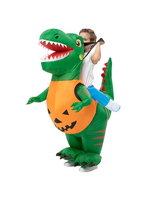 Lumiparty Halloween Inflatable Dinosaur Costume for Kids Green Riding T Rex Air Blow up Costume Funny Fancy Dress Party Halloween Costume for Boys Girls