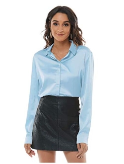 Escalier Women's Silk Blouse Long Sleeve Satin Button Down Shirt Casual Work Office Silky Blouse Top