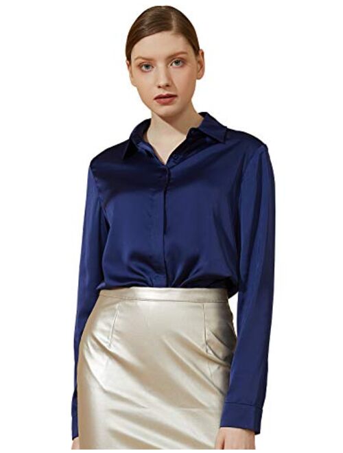 Escalier Women's Silk Blouse Long Sleeve Satin Button Down Shirt Casual Work Office Silky Blouse Top