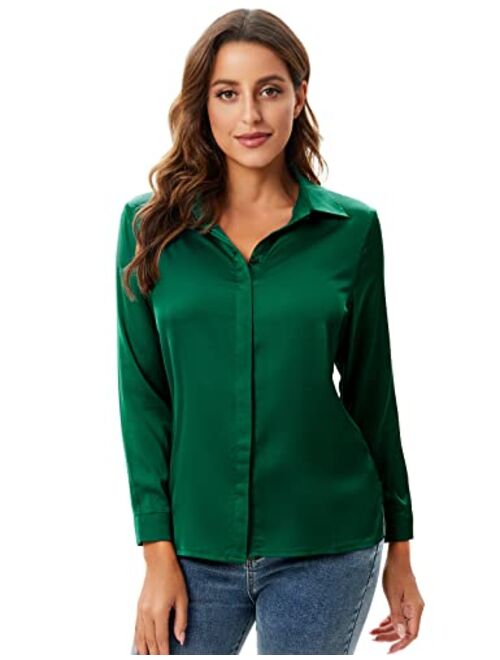 Escalier Women's Silk Blouse Long Sleeve Satin Button Down Shirt Casual Work Office Silky Blouse Top