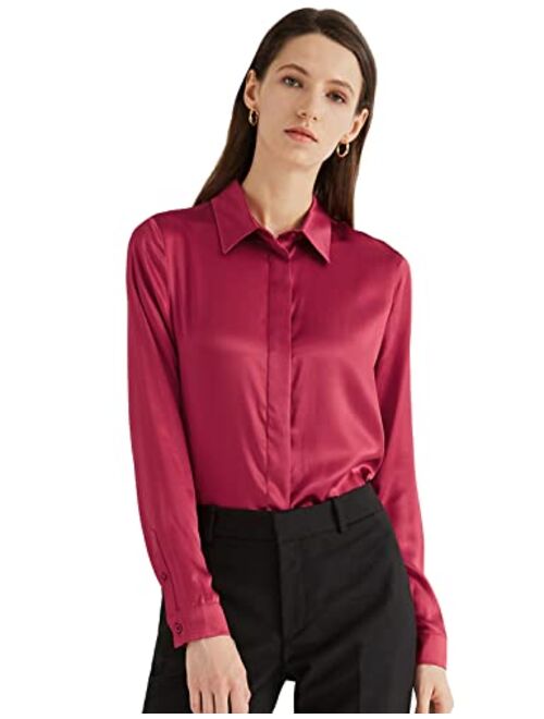 Escalier Women's Silk Blouse Long Sleeve Satin Button Down Shirt Casual Work Office Silky Blouse Top