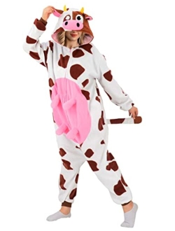 Vavalad Adult Cow One Piece Pajamas Animal Cosplay Halloween Costume for Men Women