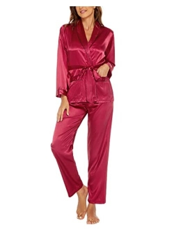 Escalier Womens Silk Satin Pajamas Set Long Sleeve Sleepwear V-Neck Pj Set 2 Pcs Nightwear Loungewear