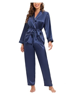 Escalier Womens Silk Satin Pajamas Set Long Sleeve Sleepwear V-Neck Pj Set 2 Pcs Nightwear Loungewear