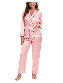 Escalier Womens Silk Satin Pajamas Set Long Sleeve Sleepwear V-Neck Pj Set 2 Pcs Nightwear Loungewear