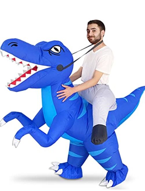 Camlinbo Inflatable Dinosaur Halloween Costume for Kids Boys Girls Mens Ride On Blue Dino Blow Up Costume Cosplay Party