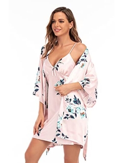 Escalier Women's Silk Satin Pajamas Sets 2Pcs Floral Silky Pj Robe Set with Chemise Nightgown