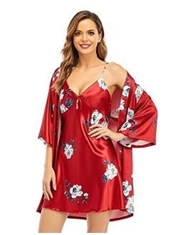 Escalier Women's Silk Satin Pajamas Sets 2Pcs Floral Silky Pj Robe Set with Chemise Nightgown