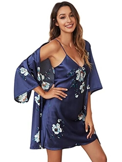 Escalier Women's Silk Satin Pajamas Sets 2Pcs Floral Silky Pj Robe Set with Chemise Nightgown