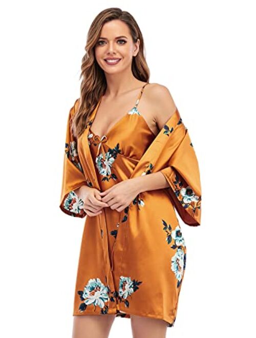 Escalier Women's Silk Satin Pajamas Sets 2Pcs Floral Silky Pj Robe Set with Chemise Nightgown