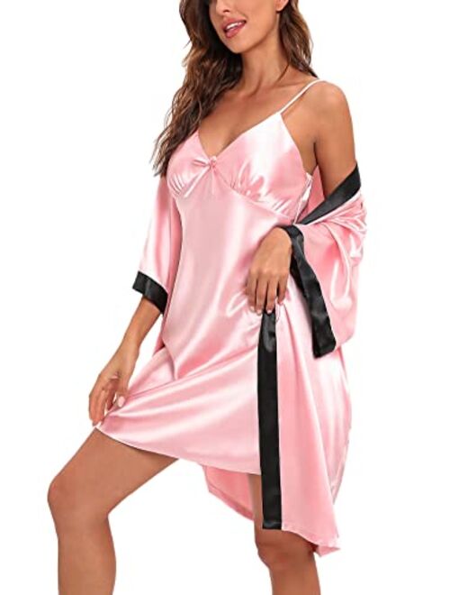 Anna&Chris Escalier Women's Satin Pajamas Set Silky Robe with Sexy Slip Nightgown 2Pcs Sleepwear Silk Pjs