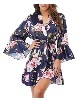 Escalier Women's Silk Robe Kimono Bridesmaid Robes with Ruffle Hem V-Neck Floral Short Satin Wedding Bridal Party Robe