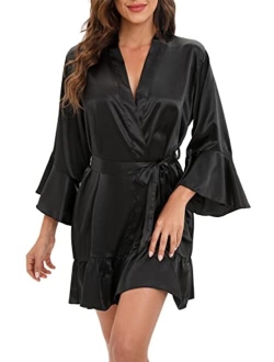 Escalier Women's Silk Robe Kimono Bridesmaid Robes with Ruffle Hem V-Neck Floral Short Satin Wedding Bridal Party Robe