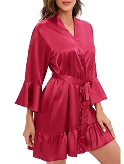 Escalier Women's Silk Robe Kimono Bridesmaid Robes with Ruffle Hem V-Neck Floral Short Satin Wedding Bridal Party Robe