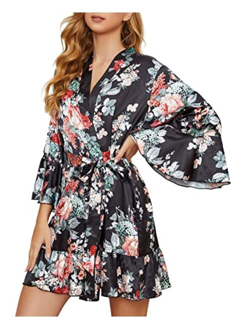 Escalier Women's Silk Robe Kimono Bridesmaid Robes with Ruffle Hem V-Neck Floral Short Satin Wedding Bridal Party Robe