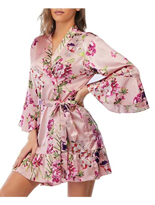 Escalier Women's Silk Robe Kimono Bridesmaid Robes with Ruffle Hem V-Neck Floral Short Satin Wedding Bridal Party Robe