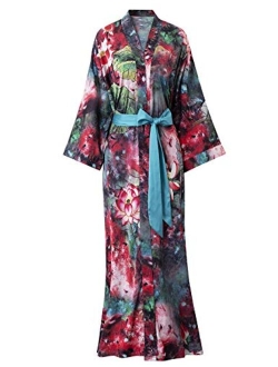 Escalier Women's Kimono Robe Long - Floral Printed Silk Bathrobe Lightweight Nightgown Charmeuse