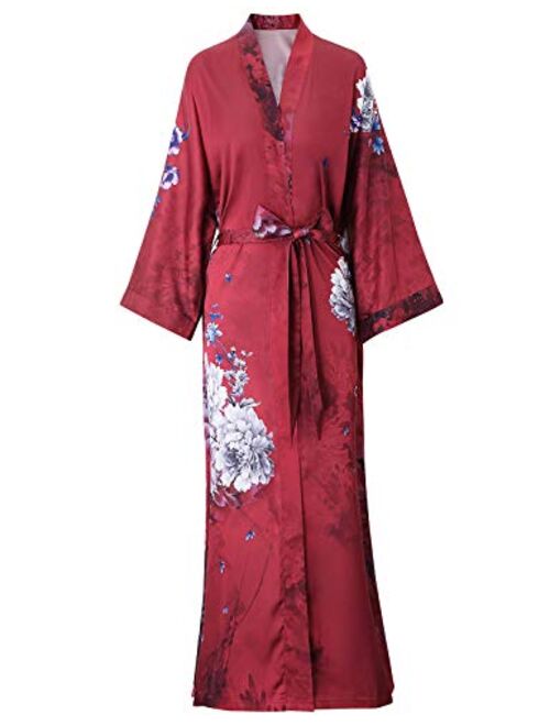 Escalier Women's Kimono Robe Long - Floral Printed Silk Bathrobe Lightweight Nightgown Charmeuse