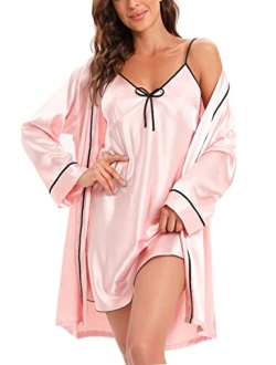 Anna&Chris Escalier Women's Satin Robe Set Silk Nightgown with Robes Silk Pajama Set 2 Piece Sexy Sleepwear Nightwear