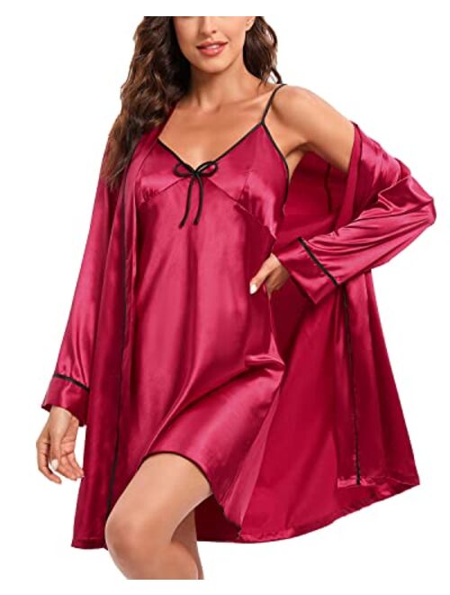 Anna&Chris Escalier Women's Satin Robe Set Silk Nightgown with Robes Silk Pajama Set 2 Piece Sexy Sleepwear Nightwear