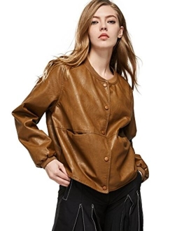 Escalier Women Faux Leather Bomber Jacket Zipper Moto Biker Coat Outwear