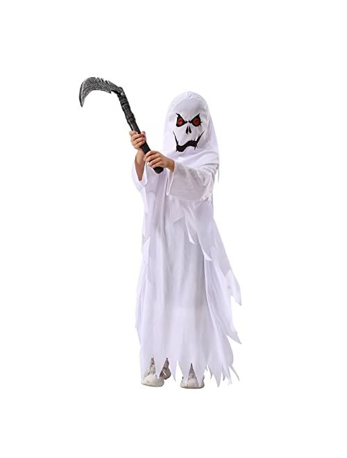 Dnqcos White Boo Ghost Halloween Costume for Kids Spooky Trick-or-Treating w/ Sickle