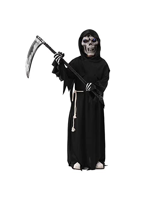 Dnqcos Boys Grim Reaper Halloween Costumes Kids Ghost Robe w/ Glowing Red Eyes Mask and Sickle