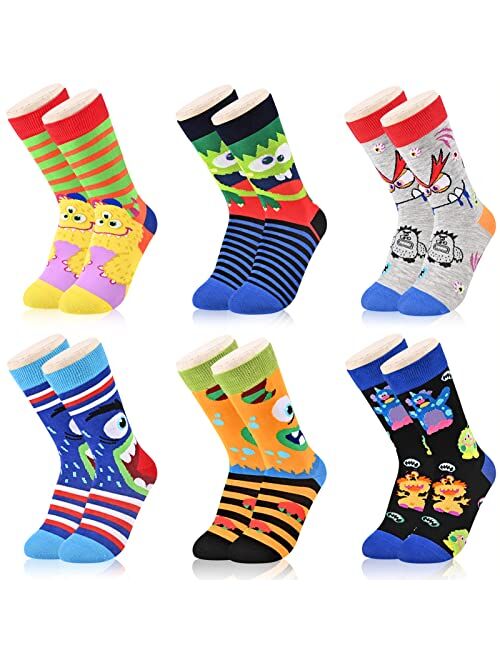 Dsia Zamur Kids Boys Novelty Crew Socks 6 Pack + Gift Box, Funny Crazy Pattern Stripe Calf Socks for 4-10 Years Old